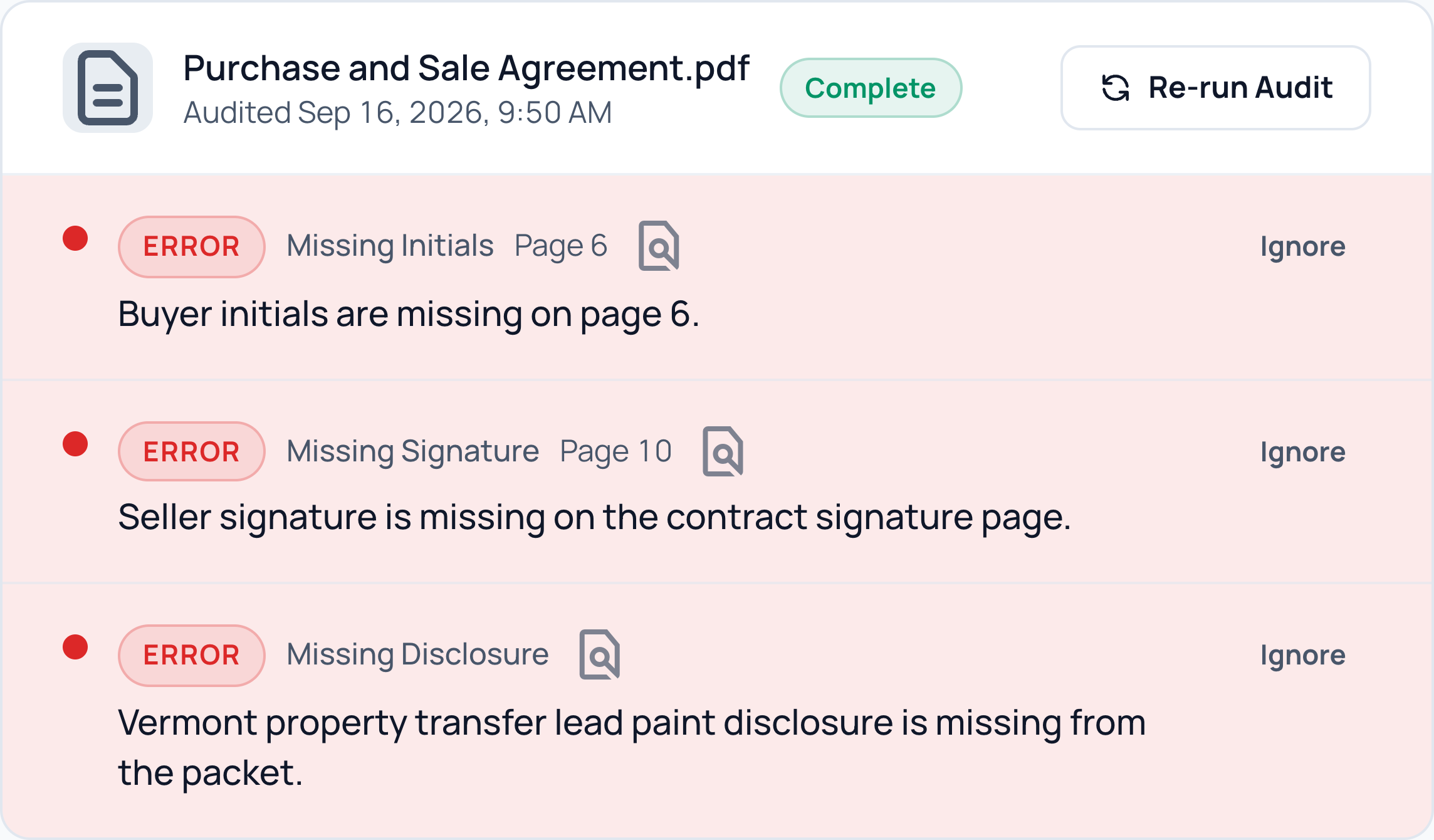 Actual CloudCoord document audit: the purchase and sale agreement is missing buyer initials on page 6, the seller’s signature on page 10, and a Vermont lead paint disclosure. Fictional demo data.