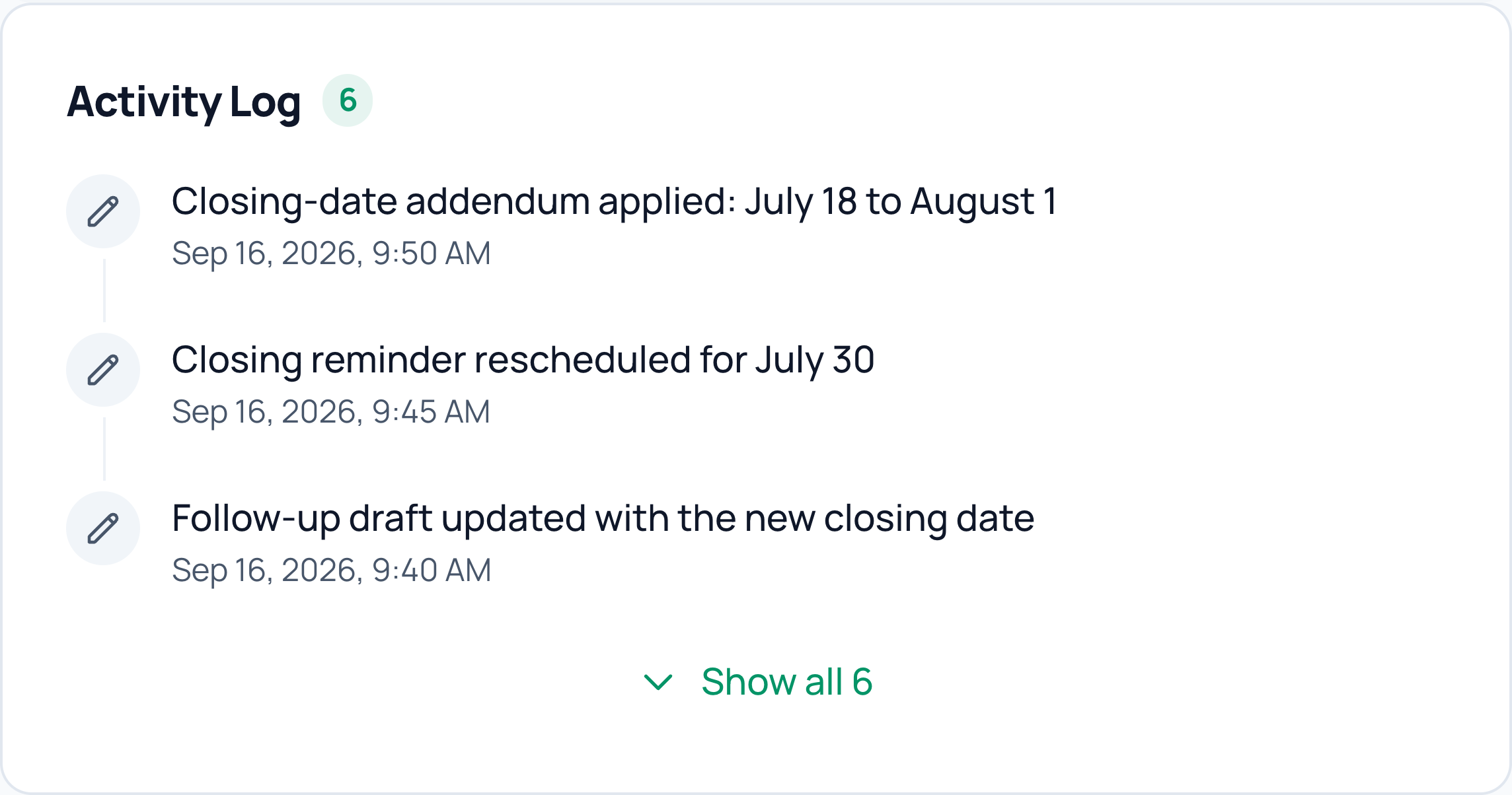 Actual CloudCoord activity log: closing-date addendum applied, closing reminder rescheduled, and the follow-up draft updated with the new date.