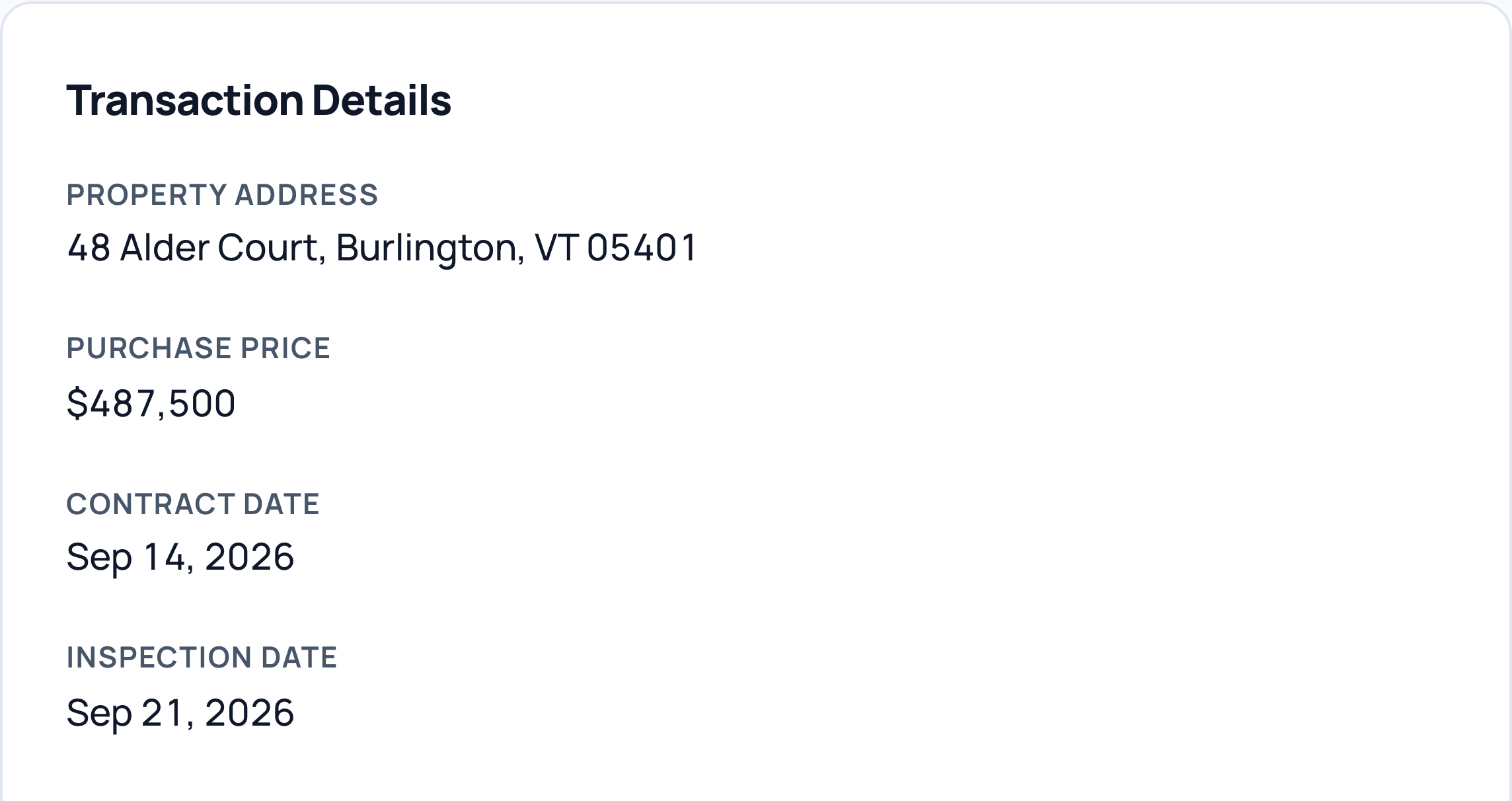 Actual CloudCoord transaction details for 48 Alder Court: purchase price $487,500, contract date September 14, and inspection date September 21, 2026.
